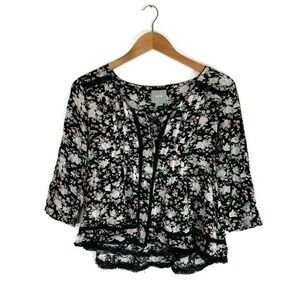 Anthropologie Maeve Sz 2 Crop Fit Peasant Blouse Black Floral Crochet Trim Boho